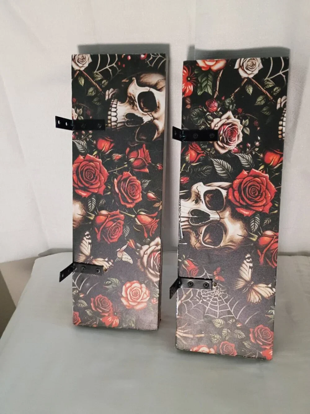 NEW Pair Handmade Matching Red & Black Skulls, Spider Webs,& Roses Shelves